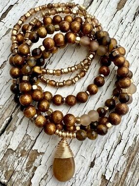 Set Of 3 Boho Wood, Gold Tone Hematite & Brown Ombre Wrap Bracelets